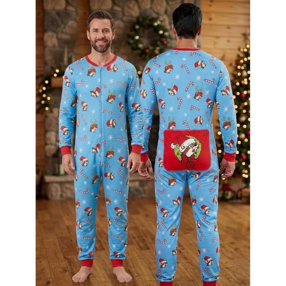 Buc-ees Christmas Union Suit Mens Blue Holiday Beaver Print Rear Flap Pajamas L
